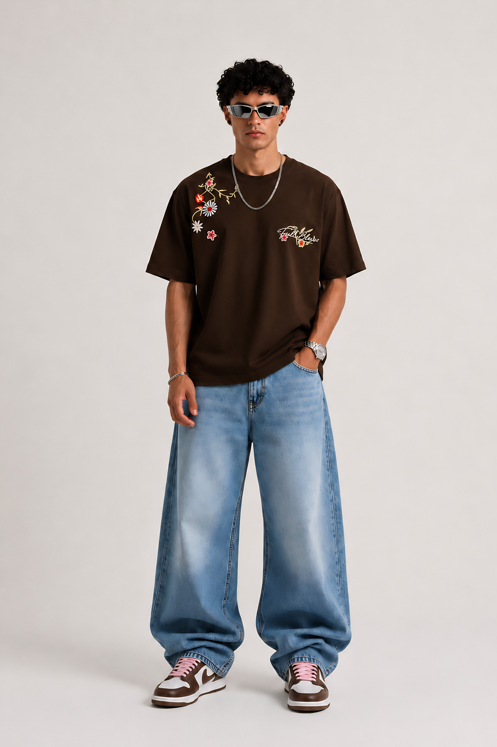 Floral Script Embroidery Oversized T-shirt